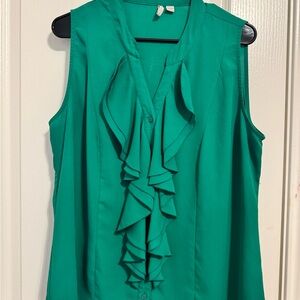 Cato Green Ruffled Sleeveless Blouse with Mandarin Collar